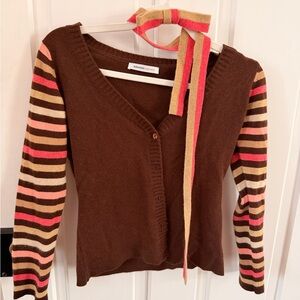 Vintage Johnston’s of Elgin Cashmere Brown Striped Women's Sweater (S) with tie